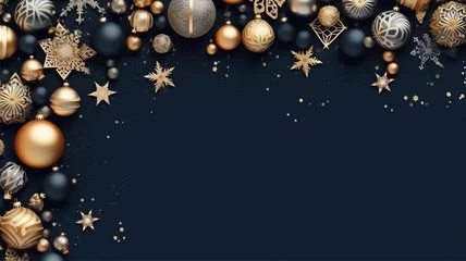 Foto op Plexiglas Merry Christmas sign banner frame with empty space and festive decoration on navy background, Blurry background, template, Bokeh, Copy Space, Generative AI © KJ Photo studio