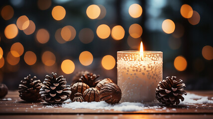 White Christmas candle on rustic wooden boards - Decoration with natural elements, twigs, pine cones and cookies - First Advent Sunday, Blurry background, template, Bokeh, Copy Space, Generative AI