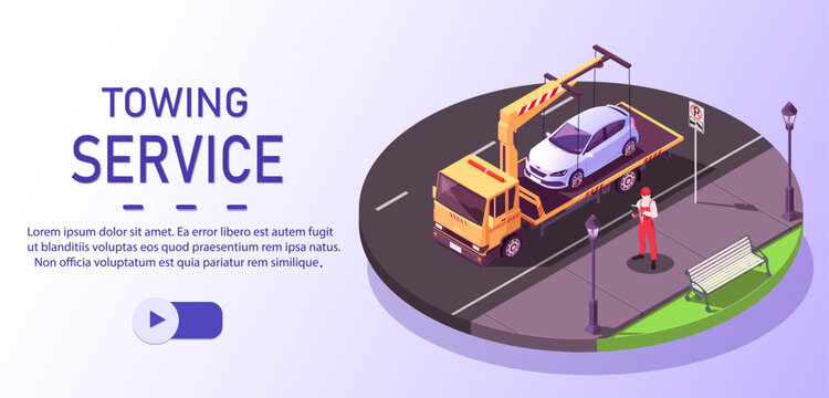 Tow truck road service. Business banner. Transport emergency. Car, vehicle accident. Internet add. Service application. Web illustration. Wrecker assistance. Isometric vector illustration.