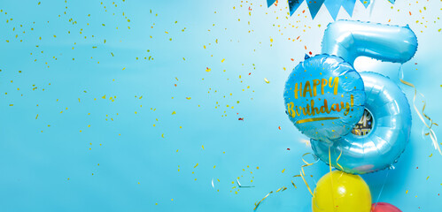 Elegant Greeting celebration five years birthdayfor boy. Anniversary number 5 foil blue balloon....