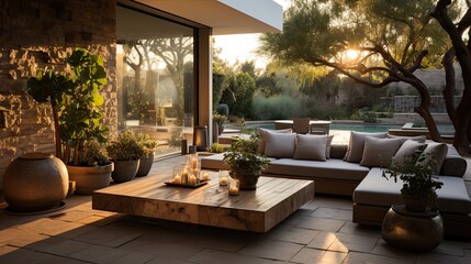 Fototapeta premium Interior of modern living room 3D rendering image.There are wooden terrace,wooden floor and sofa