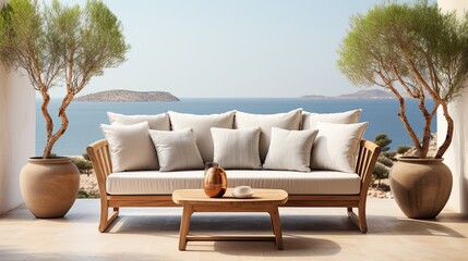Fototapeta na wymiar Comfortable sofa in modern living room with sea view