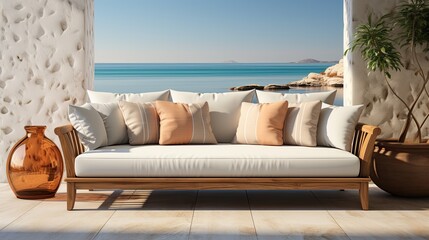 Comfortable sofa in modern living room with sea view