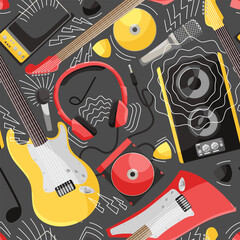 Music pattern composed with yellow and red electric guitars, headphones, compact disks, amplifier, guitars picks, wire and plug. Concept of contemporary rock music and DJ preset. Vector illustration.