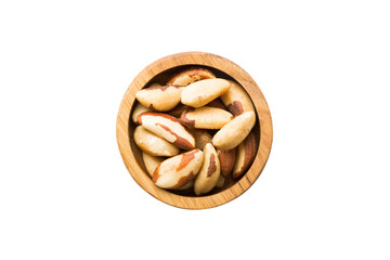 Roasted Brazil nut in bowl isolated on white background. Brazil nut is snack or raw of cook. Healthy food concept