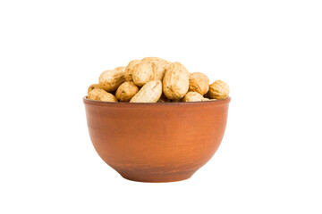 Roasted shell peanuts in bowl isolated on white background. shell peanuts is snack or raw of cook. Healthy food concept
