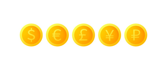 Currency. Flat, yellow, different currencies, coins with currencies of different countries. Vector icons.