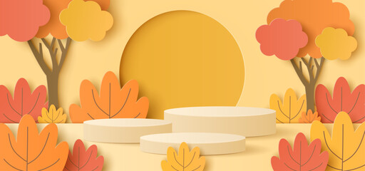 Paper cut of cylinder podium, geometric shapes with autumn landscape for products display presentation. Vector illustration