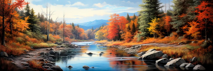 autumnal panoramic landscape, featuring a tranquil river winding through a forested valley, with colorful trees reflecting in the water. Generative Ai