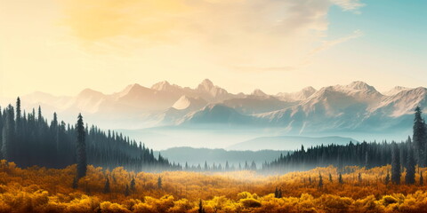 Fototapeta na wymiar panoramic illustration of a misty autumn morning in the mountains, with golden trees and a glimpse of distant peaks. Generative Ai
