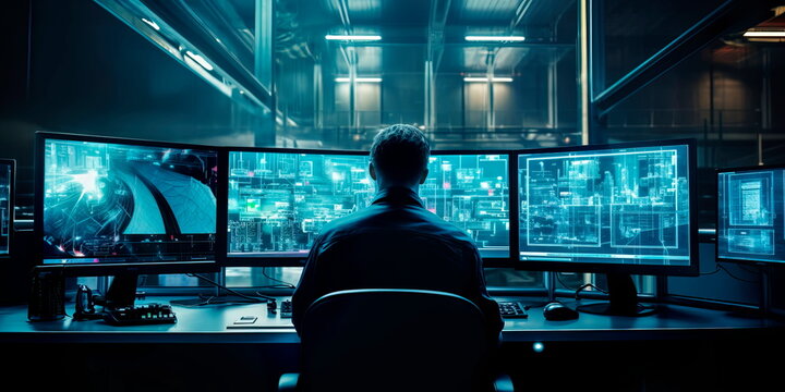 Workers monitoring and controlling industrial processes from a central control room. Generative Ai