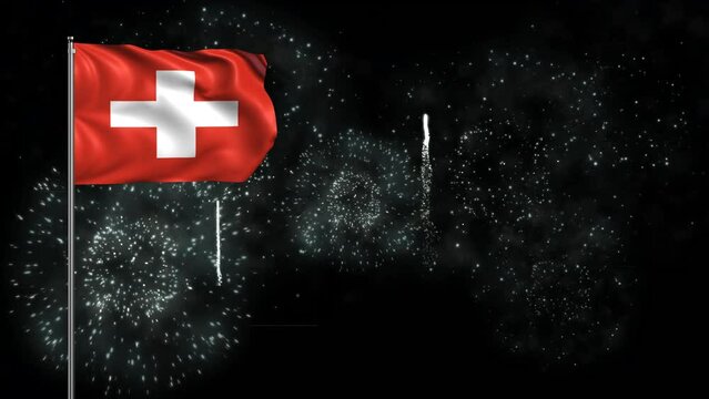 Switzerland Flag Background with flagpole and fireworks. Swiss Flag Waving animation, great for Switzerland or Swiss National Day, Independence Day, New Year and more Swiss event. Loop waving flag
