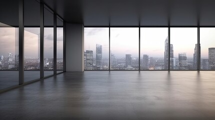  Empty office space with panoramic city view.