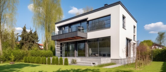 Modern white villa with expansive glass windows and green landscaping.