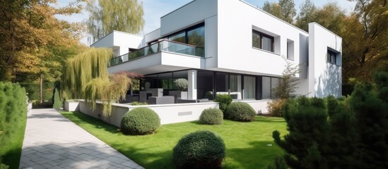 Modern villa with white facade, glass railings, and lush garden.