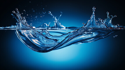 Water splash in dark blue color with a drop of water flying from above, Blurry background, template, Bokeh, Copy Space, Generative AI