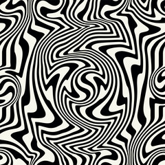 Vector seamless pattern. Abstract op art texture with bold monochrome wavy stripes. Creative background with distorted lines. Decorative op art design with distortion effect.