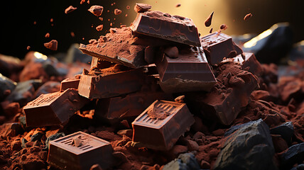 Flying pieces of crushed chocolate pieces, Blurry background, template, Bokeh, Copy Space, Generative AI