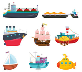 Collection of cartoon water transport. Various ships evolution, fishing boat, vessel, sailboat, submarine, cargo barge, yacht. Commercial shipment. Vector illustration, isolated on white background.