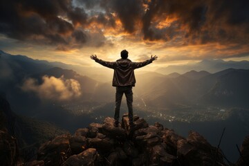 A surreal picture of a person standing on a cliff, arms outstretched, embracing the vastness of the universe and symbolizing the limitless potential of the soul. Generative AI