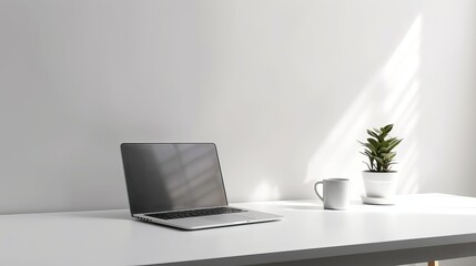 Diagonal view of a white laptop with a blank screen. AI generated