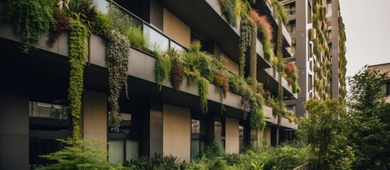 Fototapeta na wymiar Residential complex with green walls and diverse plant life.