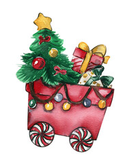 Christmas wagon with gifts . Watercolor hand drawn illustration for invitations, greeting cards, prints, packaging and more. Merry christmas and happy new year.