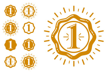 First place number one business success and triumph vector labels set isolated over white, graphic design elements, geometric vintage classic emblems collection, simplistic old style icons.