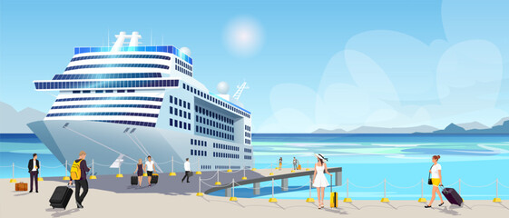 Man and woman boarding no cruise liner, summer travel, carribean sea, water transport, holiday resort, harbor, ocean, passenger, luxury vacation, voyage, recreation, relaxation. Vector illustration - obrazy, fototapety, plakaty