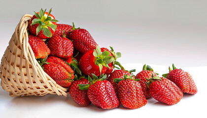 Strawberries with strawberry leaves on white background