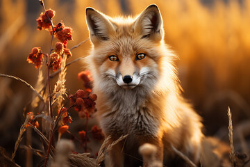 Beautiful adult fox in a field. Close-up photo, portrait of a fox in autumn light.