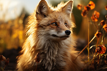 Fototapeta premium Beautiful adult fox in a field. Close-up photo, portrait of a fox in autumn light.