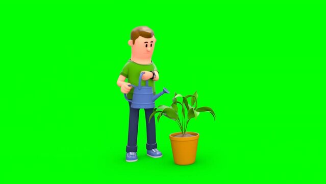 3D Cartoon character man watering a potted plant with the help of a watering can. Animated scene of pouring water on growing green plant in a pot.
