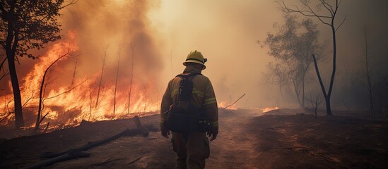Firefighter walking towards a raging forest fire engulfed in smoke. - obrazy, fototapety, plakaty