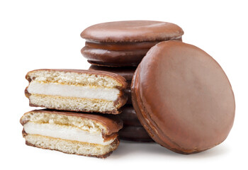 Choco pie chocolate biscuits and two halves on a white background. Isolated