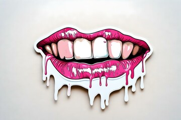 Cartoon teeth, lips, mouth with dripping pink paint.
