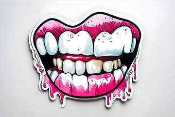 Cartoon teeth, lips, mouth with dripping pink paint.