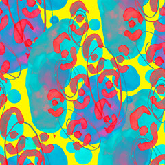 Watercolor seamless pattern with beautiful bright abstract elements and leopard spots. Colorful animalistic texture for any kind of a design. Contemporary art. Trendy modern style. 