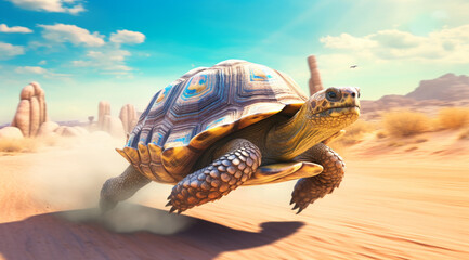 Fast turtle running at full speed in the desert