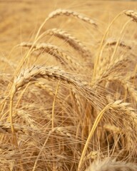 Golden ears of wheat on the background of a wheat field. Shallow depth of field