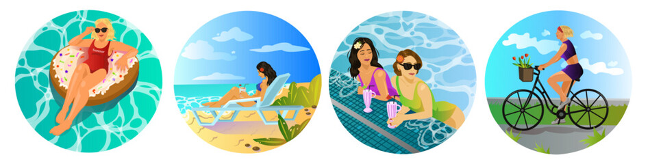 Summer activities set. Ocean beach cartoon travel. Girl character outdoor leisure. Vacation, holiday rest. Travel resort. Young sunbathing people. Happy active tourism. Vector illustration.