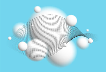 Defocused light levitating spheres with particles wave flowing atmospheric ambient vector background over blue, 3D balls soft and easy futuristic wallpaper.