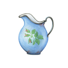 Old blue enamel water pitcher with a pattern of flowers. Metal jar- vintage kitchen utensil provence. Hand drawn watercolor painting illustration isolated on white background.