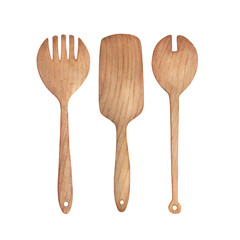 Old wooden brown spoon, spatula for cooking. Vintage kitchen utensils provence. Hand drawn watercolor painting illustration isolated on white background.