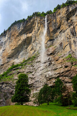 View of Staubbach Falls in Lauterbrunnen, Bernese Oberland, Switzerland