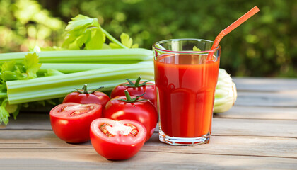 fresh tomato juice in glass with celery sticks and heap of ripe vegetables on wooden table outdoors