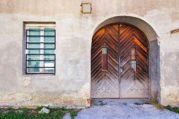 vintage wooden garage door. architectural element