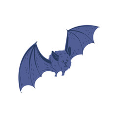 Cartoon bat flies spreading its wings, gray color halloween bat, vector illustration isolated on white background