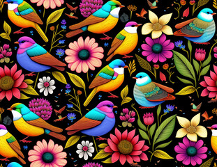 Majestic Noir: Birds and Floral Tapestry seamless pattern
