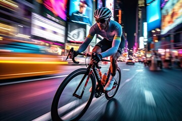 Cyclist in motion on the night city background with color lights